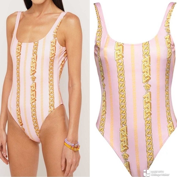 Versace chain pinstripe one-piece swimsuit pink gold NWT - Picture 1 of 8
